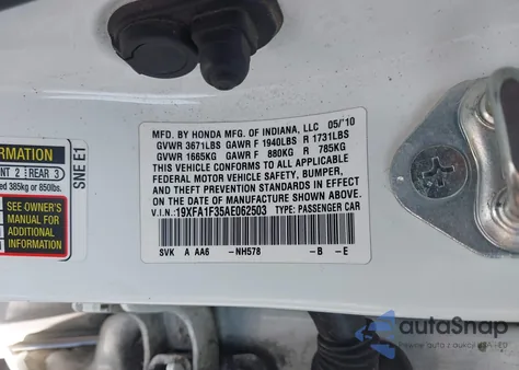 2010 Honda Civic Vp z USA, uszkodzony, nr VIN 19XFA1F35AE062503